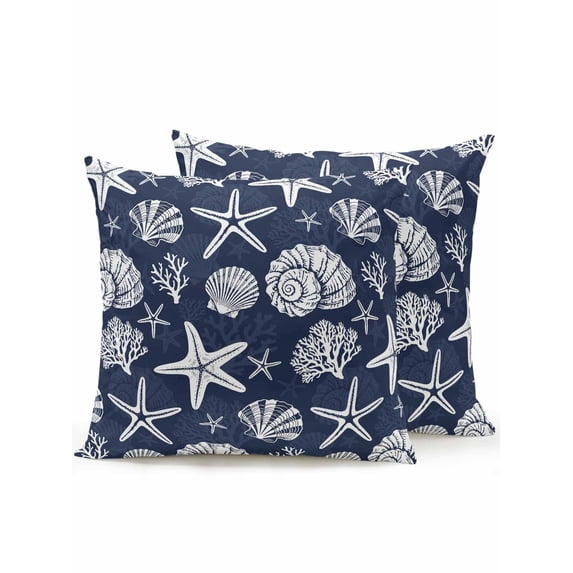 Outdoor Pillows Waterproof, Navy Blue Coastal Summer Bedding Throw Pillows with Insert for Couch Sofa Bed, Coral Shell Starfish Nautical 18x18 Inch Pillowcases Decorative Patio Pillow Set of 2