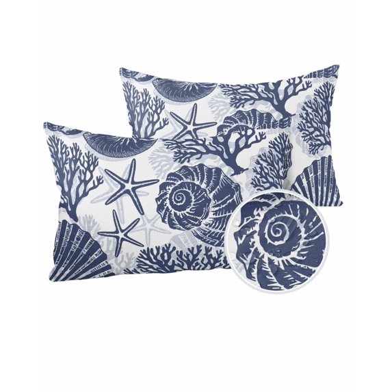 Outdoor Pillows Waterproof, Navy Blue Coastal Throw Pillows with Inserts Included, Beach Starfish Nautical Coral Shell Summer Indoor Outdoor Decorative Lumbar Pillow for Bed/Couch/Patio 12"x20", 2Pcs