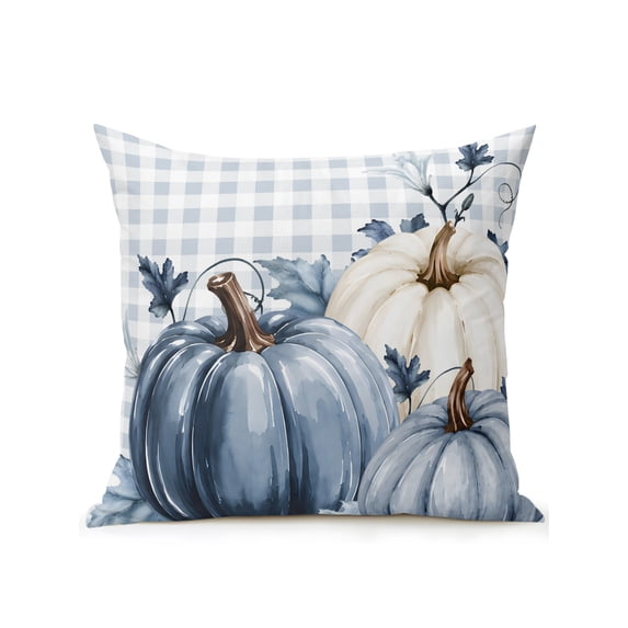Outdoor Pillows Waterproof, Navy Blue Pumpkin Fall Bedding Throw Pillows with Insert for Couch Sofa Bed, Thanksgiving Botanical Checkered 18x18 Inch Pillowcases Decorative Patio Pillow Set of 1