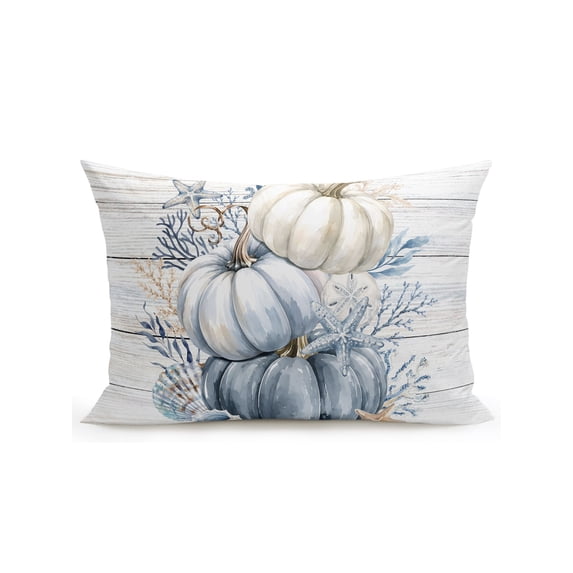 Outdoor Pillows Waterproof, Navy Blue Pumpkins Fall Bedding Throw Pillows with Insert for Couch Sofa Bed, Thanksgiving Coastal Wooden Seaside 12x20 Inch Pillowcases Decorative Patio Pillow Set of 1