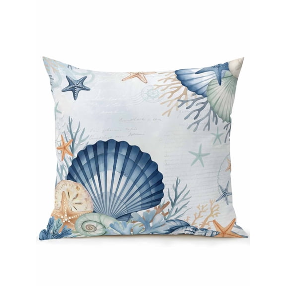 Outdoor Pillows Waterproof, Navy Blue Shell Coastal Bedding Throw Pillows with Insert for Couch Sofa Bed, Starfish Coral Summer Beach Nautical 18x18 Inch Pillowcases Decorative Patio Pillow Set of 1