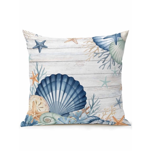 Outdoor Pillows Waterproof, Navy Blue Shell Coastal Bedding Throw Pillows with Insert for Couch Sofa Bed, Starfish Coral Wooden Ocean Sea 16x16 Inch Pillowcases Decorative Patio Pillow Set of 1