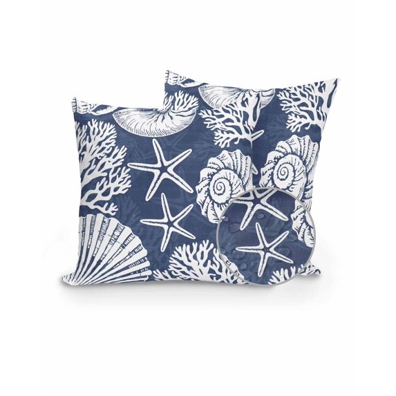 Outdoor Pillows Waterproof, Navy Blue Starfish Coastal Throw Pillows with Inserts Included, Summer Coral Shell Beach Nautical Indoor Outdoor Decorative Lumbar Pillow for Bed/Couch/Patio 16"x16", 2Pcs