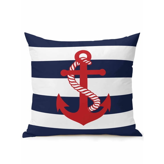 Outdoor Pillows Waterproof, Navy Blue Stripe Nautical Bedding Throw Pillows with Insert for Couch Sofa Bed, Red Anchor Summer Coastal 16x16 Inch Pillowcases Decorative Camping Patio Pillow Set of 1