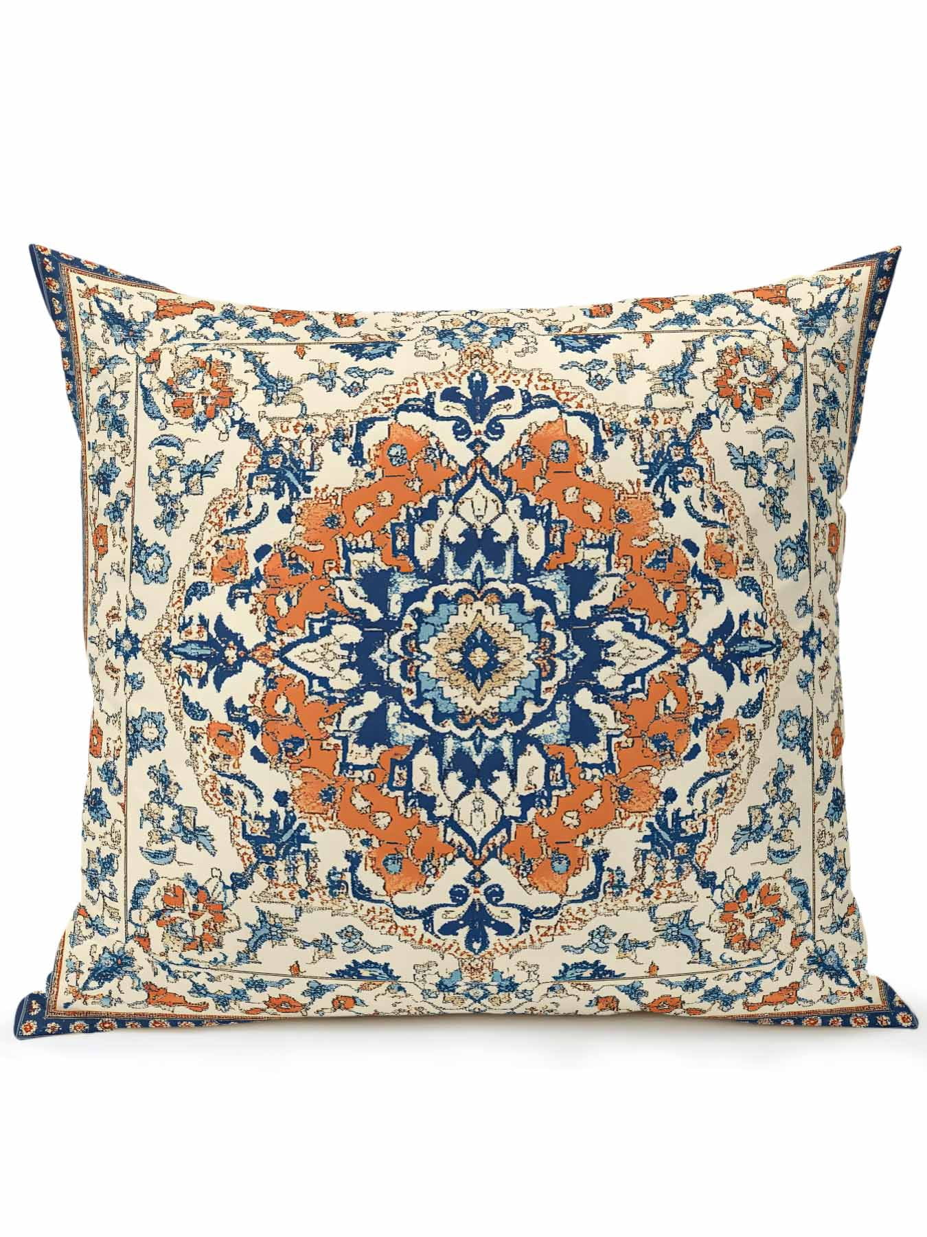 Outdoor Pillows Waterproof, Orange Blue Ethnic Rustic Bedding Throw Pillows with Insert for Couch Sofa Bed, Boho Southwestern Heritage 16x16 Inch Pillowcases Decorative Camping Patio Pillow Set of 1