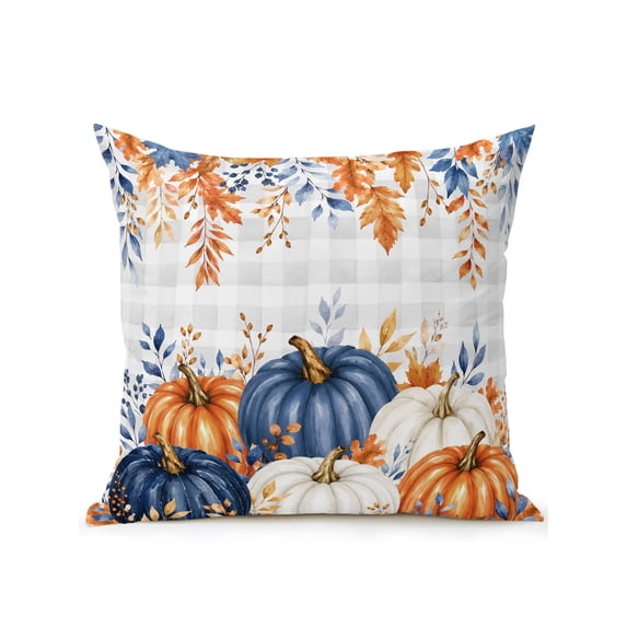Outdoor Pillows Waterproof, Orange Blue Fall Bedding Throw Pillows with Insert for Couch Sofa Bed, Thanksgiving Pumpkin Maple Leaf Grey Plaid 16x16 Inch Pillowcases Decorative Patio Pillow Set of 1