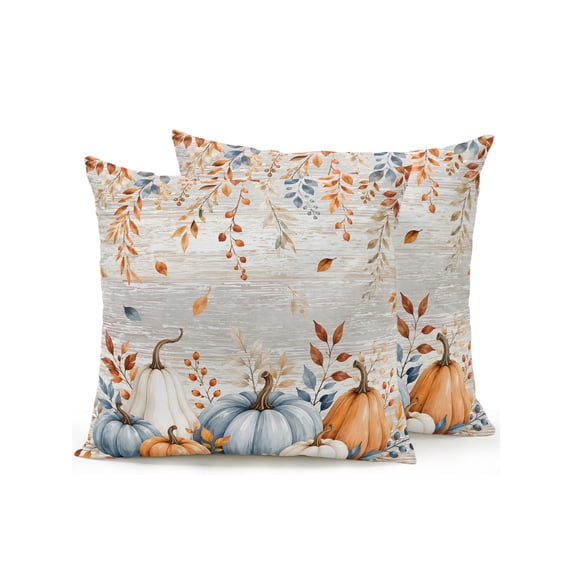 Outdoor Pillows Waterproof, Orange Blue Pumpkins Fall Bedding Throw Pillows with Insert for Couch Sofa Bed, Thanksgiving Leaves Weeping Wooden 18x18 Inch Pillowcases Decorative Patio Pillow Set of 2