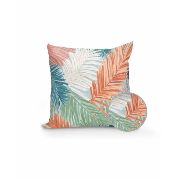 Outdoor Pillows Waterproof, Orange Green Blue Palm Leaves Throw Pillows with Inserts Included, Summer Tropical Botanical Indoor Outdoor Decorative Lumbar Pillow for Bed/Couch/Patio 18"x18", 1Pcs