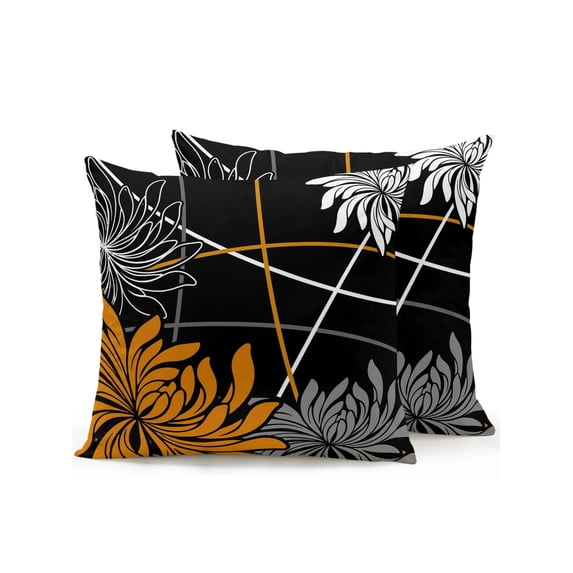 Outdoor Pillows Waterproof, Orange Grey Daisy Bedding Throw Pillows with Insert for Couch Sofa Bed, Modern Floral Abstract Striped Black 18x18 Inch Pillowcases Decorative Patio Pillow Set of 2