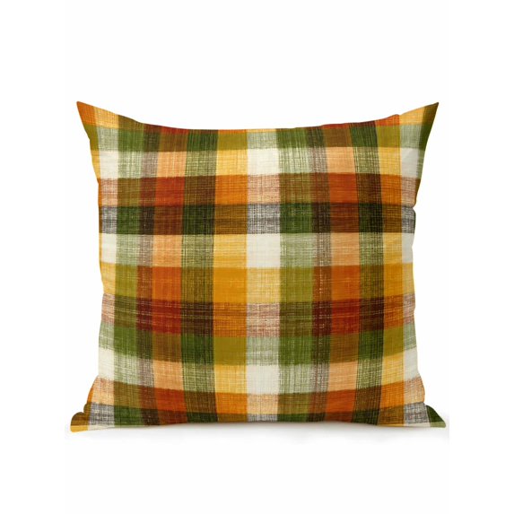 Outdoor Pillows Waterproof, Orange Yellow Green Plaid Bedding Throw Pillows with Insert for Couch Sofa Bed, Fall Gingham Rustic 16x16 Inch Pillowcases Decorative Camping Patio Pillow Set of 1