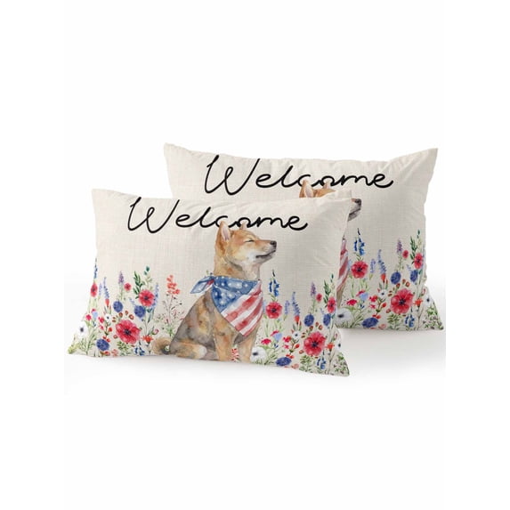 Outdoor Pillows Waterproof, Red Blue America Flag Bedding Throw Pillows with Insert for Couch Sofa Bed, USA Patriotic Dog Floral Rustic Beige 12x20 Inch Pillowcases Decorative Patio Pillow Set of 2