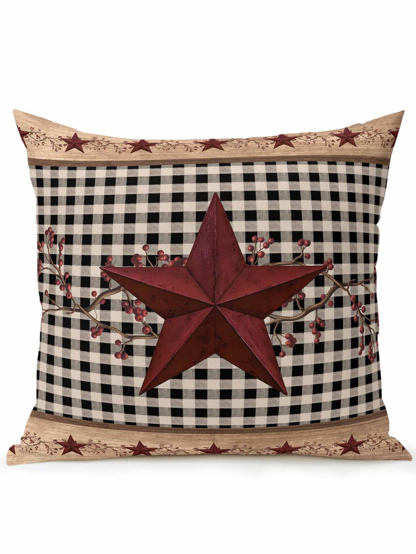 Outdoor Pillows Waterproof, Red Texas Star Farmhouse Bedding Throw Pillows with Insert for Couch Sofa Bed, Black Plaid Berry Country 18x18 Inch Pillowcases Decorative Camping Patio Pillow Set of 1