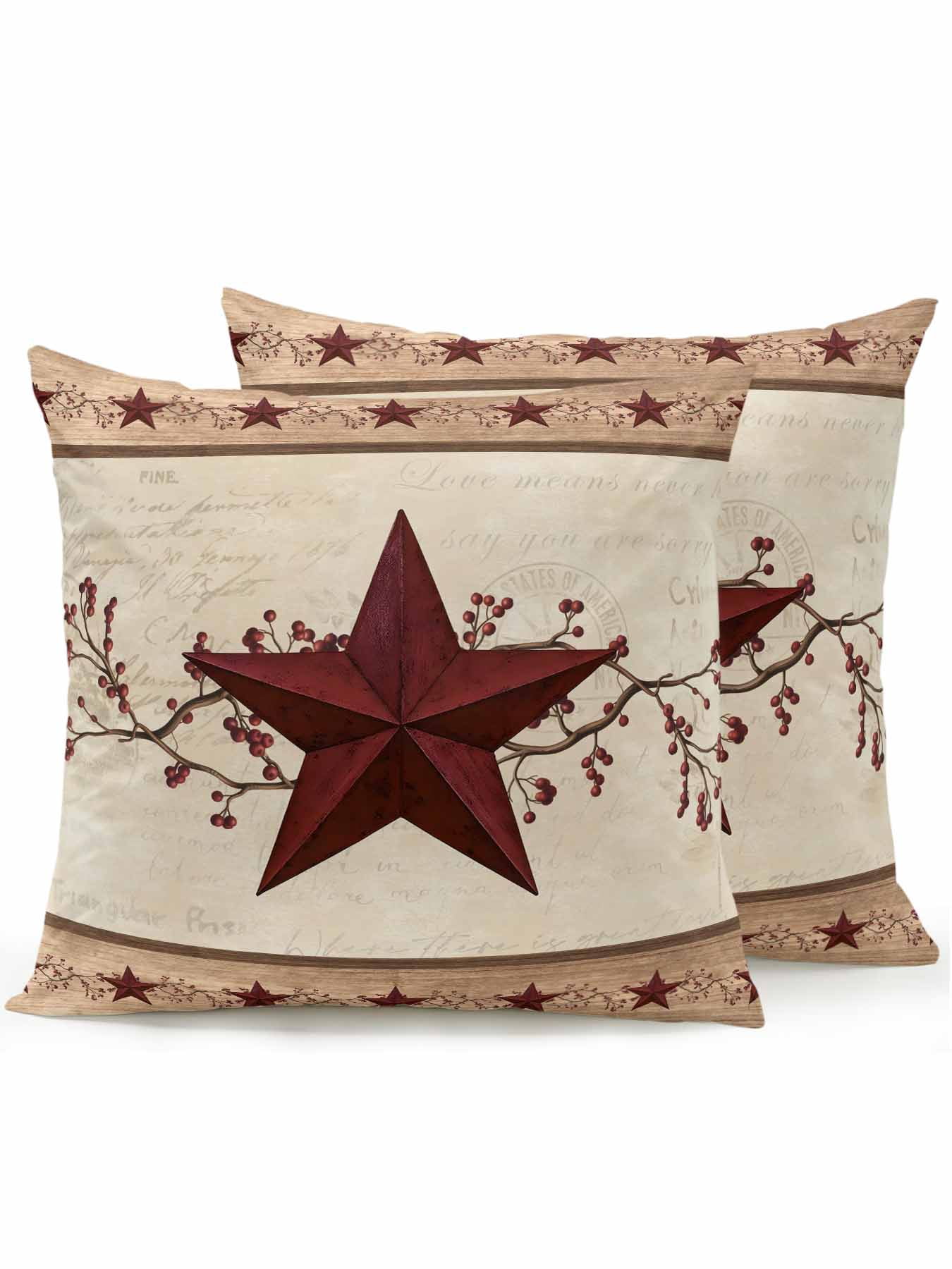 Outdoor Pillows Waterproof, Red Texas Star Rustic Bedding Throw Pillows with Insert for Couch Sofa Bed, Farmhouse Berry Brown Wooden 18x18 Inch Pillowcases Decorative Camping Patio Pillow Set of 2