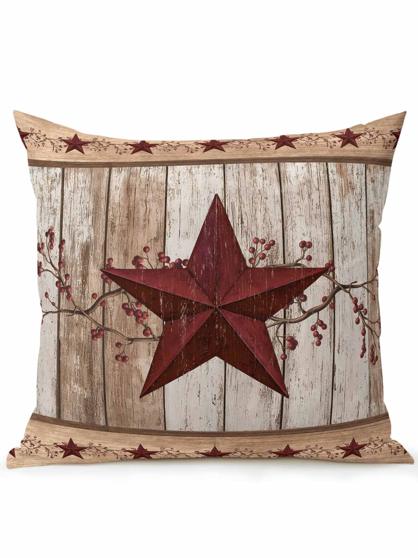 Outdoor Pillows Waterproof, Red Texas Star Vintage Bedding Throw Pillows with Insert for Couch Sofa Bed, Farmhouse Berry Brown Wooden 16x16 Inch Pillowcases Decorative Camping Patio Pillow Set of 1