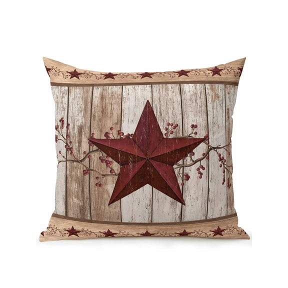 Outdoor Pillows Waterproof, Red Texas Star Vintage Bedding Throw Pillows with Insert for Couch Sofa Bed, Farmhouse Berry Brown Wooden 16x16 Inch Pillowcases Decorative Camping Patio Pillow Set of 1
