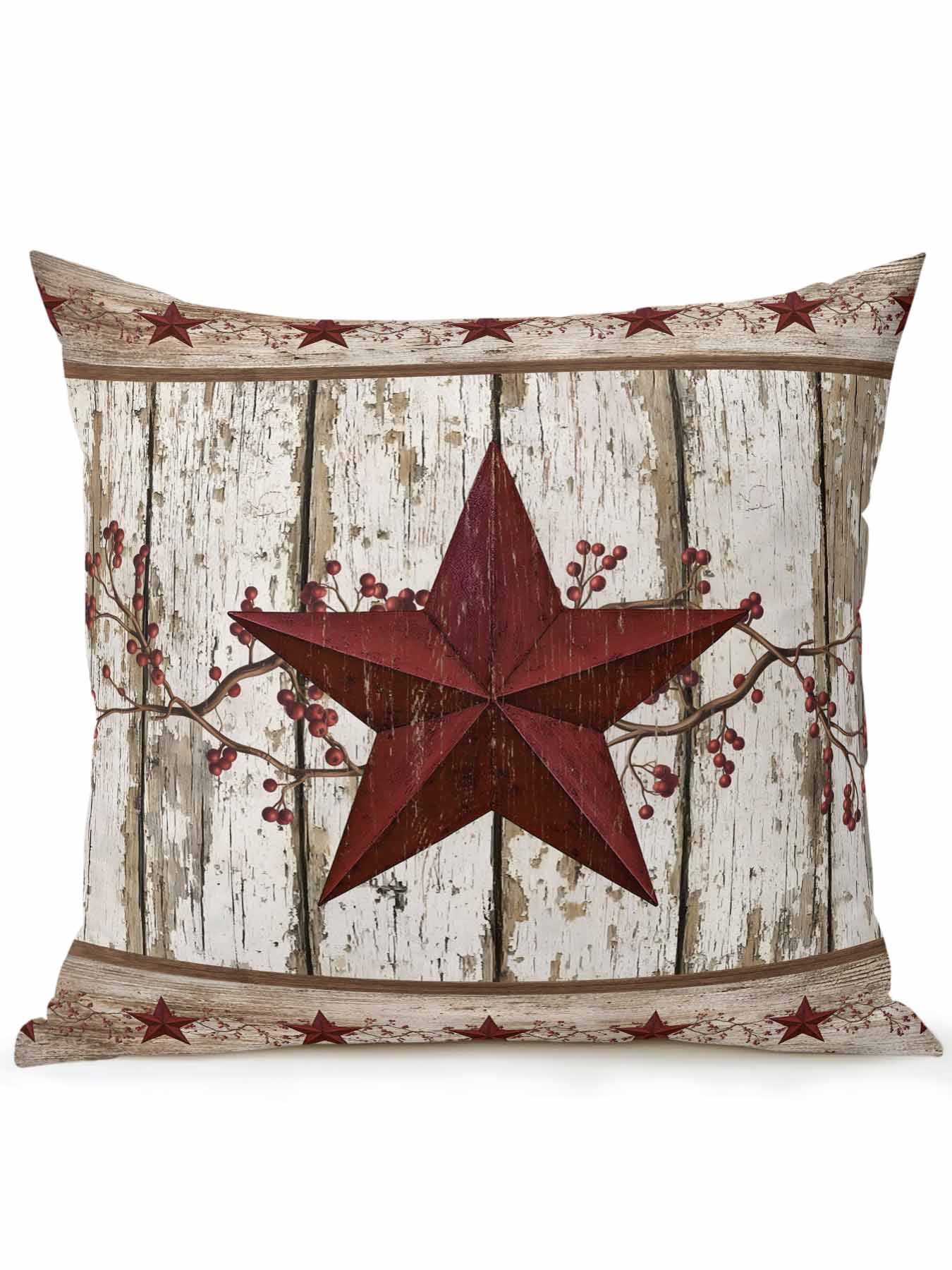 Outdoor Pillows Waterproof, Red Texas Star Vintage Bedding Throw Pillows with Insert for Couch Sofa Bed, Farmhouse Berry Grey Wooden 16x16 Inch Pillowcases Decorative Camping Patio Pillow Set of 1