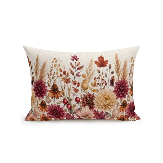 Outdoor Pillows Waterproof, Red Yellow Orange Fall Bedding Throw Pillows with Insert for Couch Sofa Bed, Autumn Floral Botanical Vintage 12x20 Inch Pillowcases Decorative Patio Pillow Set of 1