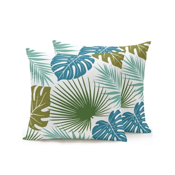 Outdoor Pillows Waterproof, Sage Green Teal Palm Leaves Bedding Throw Pillows with Insert for Couch Sofa Bed, Tropical Botanical Summer 16x16 Inch Pillowcases Decorative Camping Patio Pillow Set of 2