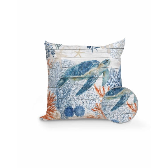 Outdoor Pillows Waterproof, Sea Turtle Coastal Throw Pillows with Inserts Included, Blue Red Summer Beach Coral Nautical Wood Indoor Outdoor Decorative Lumbar Pillow for Bed/Couch/Patio 16"x16", 1Pcs