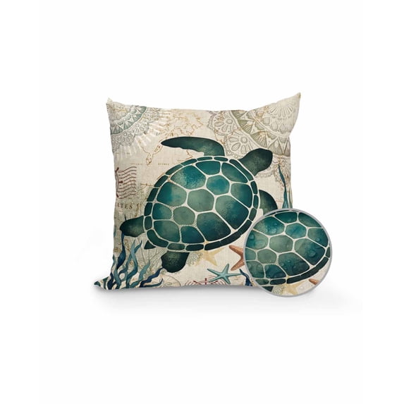 Outdoor Pillows Waterproof, Sea Turtle Coastal Throw Pillows with Inserts Included, Vintage Nautical Coral Starfish Beach Indoor Outdoor Decorative Lumbar Pillow for Bed/Couch/Patio 18"x18", 1Pcs