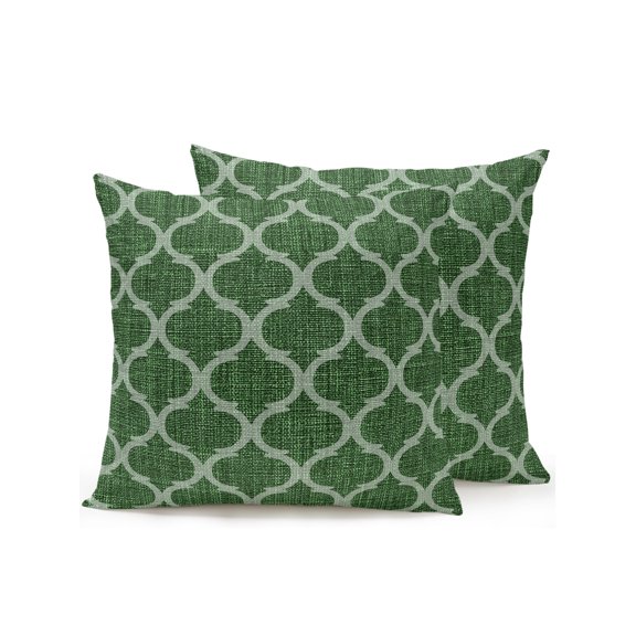 Outdoor Pillows Waterproof Set of 2, Dark Green Moroccan Patio Throw Pillows for Couch Bed Sofa with Insert, Middle Century Quatrefoil Plaid Art Decorative Travel/Reading Pillow Set 18x18 Inch