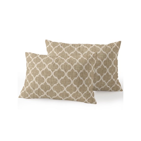 Outdoor Pillows Waterproof Set of 2, Khaki Moroccan Patio Throw Pillows for Couch Bed Sofa with Insert, Boho Retro Country Abstract Geometric Grid Decorative Travel/Reading Pillow Set 12x20 Inch