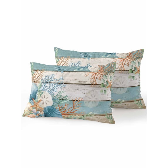 Outdoor Pillows Waterproof Set of 2, Teal Brown Beach Coastal Patio Throw Pillows for Couch Bed Sofa with Insert, Summer Nautical Coral Shell Botanical Vintage Decorative Travel Pillow Set 12x20 Inch