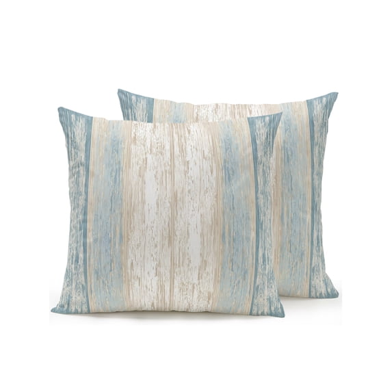 Outdoor Pillows Waterproof, Slate Blue Wooden Bedding Throw Pillows with Insert for Couch Sofa Bed, Farmhouse Brown Vintage Distressed 16x16 Inch Pillowcases Decorative Camping Patio Pillow Set of 2