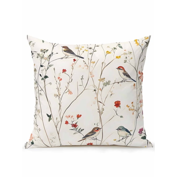 Outdoor Pillows Waterproof, Spring Floral Bedding Throw Pillows with Insert for Couch Sofa Bed, Summer Birds Botanical Country 18x18 Inch Pillowcases Decorative Camping Patio Pillow Set of 1