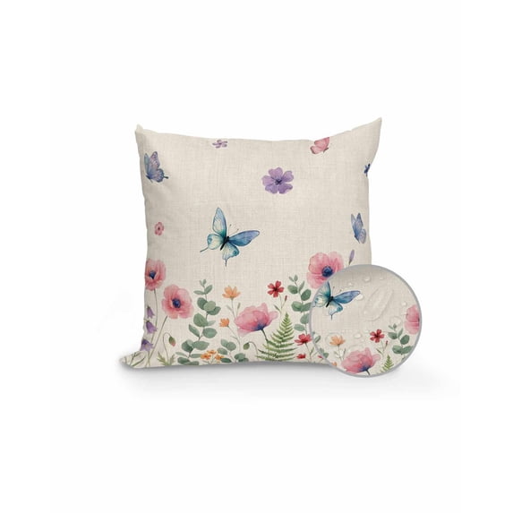 Outdoor Pillows Waterproof, Spring Floral Throw Pillows with Inserts Included, Watercolor Summer Botanica Butterfly Rustic Indoor Outdoor Decorative Lumbar Pillow for Bed/Couch/Patio 16"x16", 1Pcs
