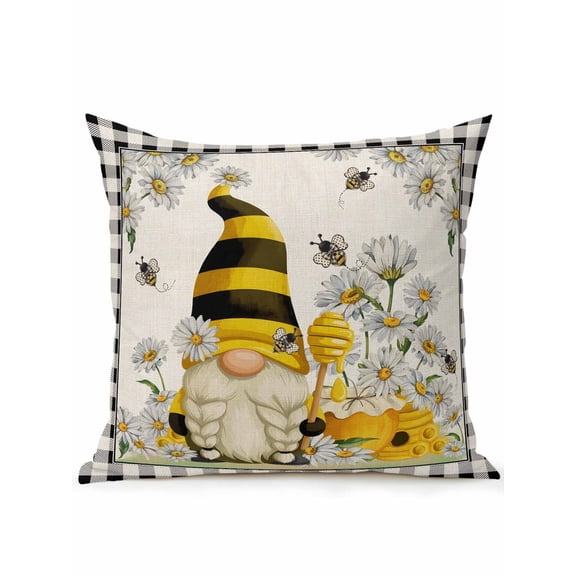 Outdoor Pillows Waterproof, Spring Gnomes Bedding Throw Pillows with Insert for Couch Sofa Bed, Farmhouse Bees Flowers Black White Plaid 16x16 Inch Pillowcases Decorative Patio Pillow Set of 1