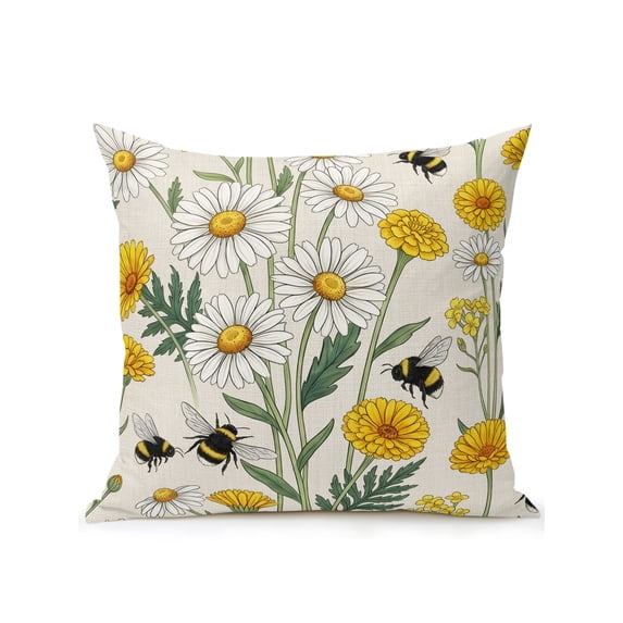 Outdoor Pillows Waterproof, Summer Floral Bedding Throw Pillows with Insert for Couch Sofa Bed, Daisy Bee Wildflower Blossom Rustic 16x16 Inch Pillowcases Decorative Camping Patio Pillow Set of 1