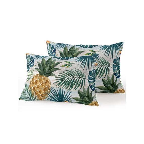 Outdoor Pillows Waterproof, Summer Pineapple Bedding Throw Pillows with Insert for Couch Sofa Bed, Rustic Tropical Plam Leaf Monstera Leaves 12x20 Inch Pillowcases Decorative Patio Pillow Set of 2