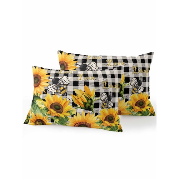 Outdoor Pillows Waterproof, Sunflower Bee Bedding Throw Pillows with Insert for Couch Sofa Bed, Black Buffalo Plaid Botanical Leaf Floral 12x20 Inch Pillowcases Decorative Patio Pillow Set of 2