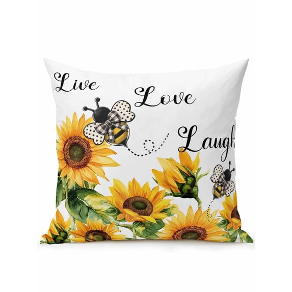 Outdoor Pillows Waterproof, Sunflower Bee Bedding Throw Pillows with Insert for Couch Sofa Bed, Vintage Yellow Floral Farmhouse Watercolor 18x18 Inch Pillowcases Decorative Patio Pillow Set of 1