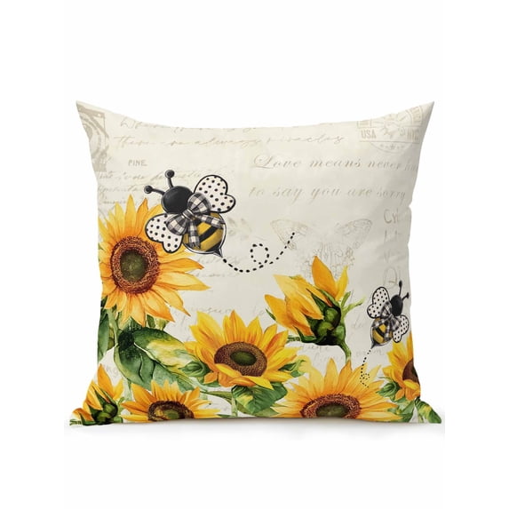 Outdoor Pillows Waterproof, Sunflower Leaves Bedding Throw Pillows with Insert for Couch Sofa Bed, Bee Spring Retro Farmhouse 16x16 Inch Pillowcases Decorative Camping Patio Pillow Set of 1
