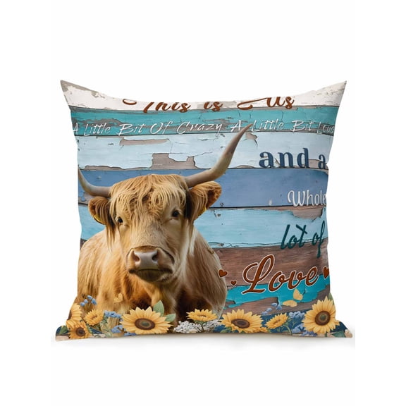 Outdoor Pillows Waterproof, Sunflowers Cow Bedding Throw Pillows with Insert for Couch Sofa Bed, Blue Brown Wooden Blank Cabin Retro 16x16 Inch Pillowcases Decorative Camping Patio Pillow Set of 1