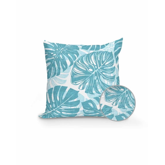 Outdoor Pillows Waterproof, Teal Blue Monstera Deliciosa Throw Pillows with Inserts Included, Summer Botanical Tropical Indoor Outdoor Decorative Lumbar Pillow for Bed/Couch/Patio 16"x16", 1Pcs