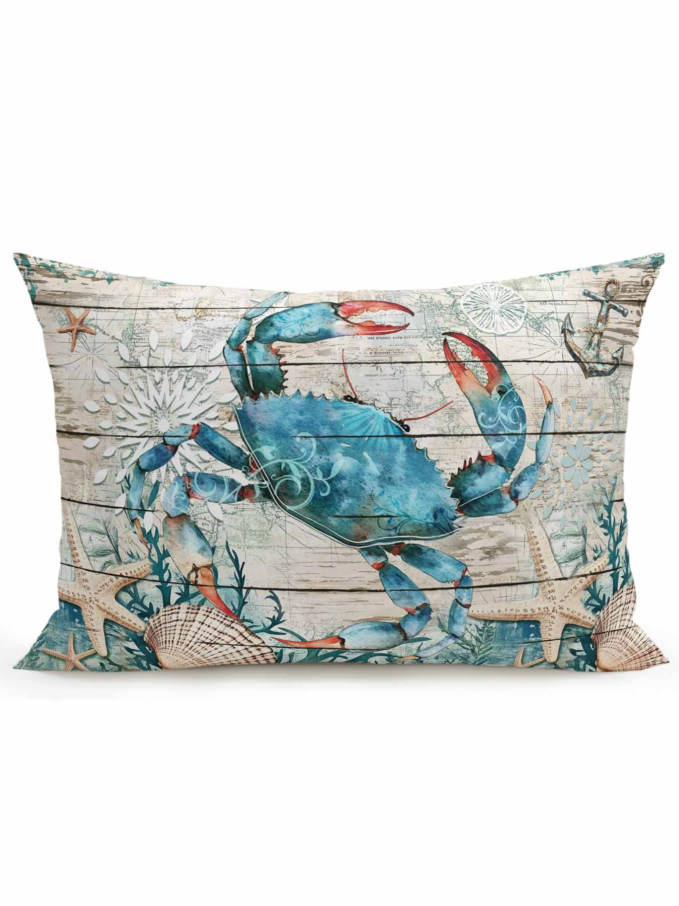 Outdoor Pillows Waterproof, Teal Crab Coastal Bedding Throw Pillows with Insert for Couch Sofa Bed, Summer Beach Nautical Starfish Retro 12x20 Inch Pillowcases Decorative Patio Pillow Set of 1