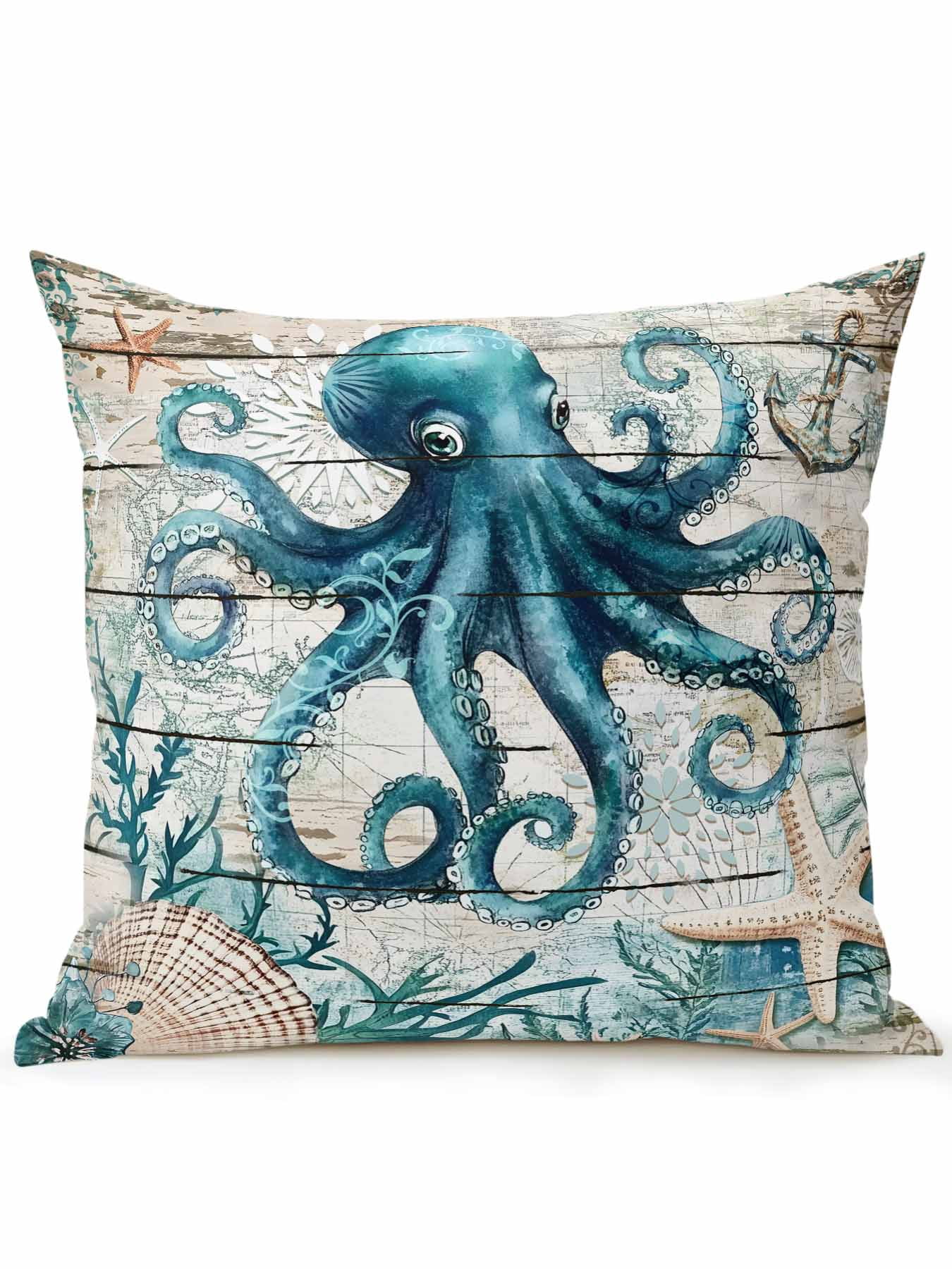 Outdoor Pillows Waterproof, Teal Octopus Coastal Bedding Throw Pillows with Insert for Couch Sofa Bed, Summer Beach Nautical Starfish Retro 18x18 Inch Pillowcases Decorative Patio Pillow Set of 1