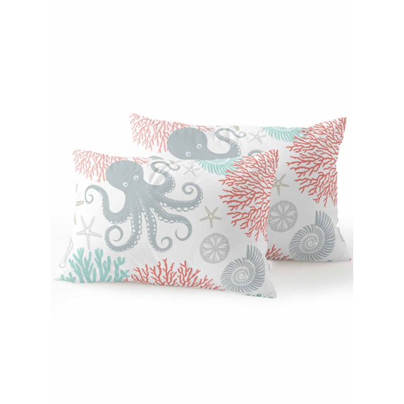 Outdoor Pillows Waterproof, Teal Red Octopus Coastal Bedding Throw Pillows with Insert for Couch Sofa Bed, Nautical Coral Starfish 12x20 Inch Pillowcases Decorative Camping Patio Pillow Set of 2