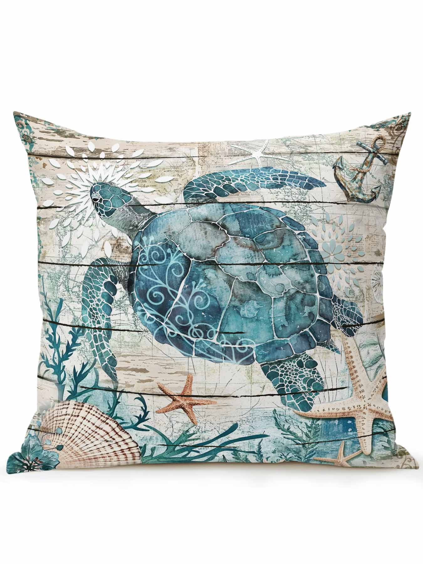 Outdoor Pillows Waterproof, Teal Sea Turtle Coastal Bedding Throw Pillows with Insert for Couch Sofa Bed, Summer Beach Nautical Starfish Retro 18x18 Inch Pillowcases Decorative Patio Pillow Set of 1