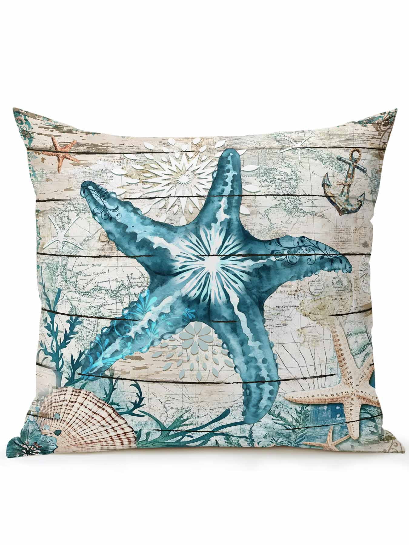 Outdoor Pillows Waterproof, Teal Starfish Coastal Bedding Throw Pillows with Insert for Couch Sofa Bed, Summer Beach Nautical Retro 18x18 Inch Pillowcases Decorative Camping Patio Pillow Set of 1