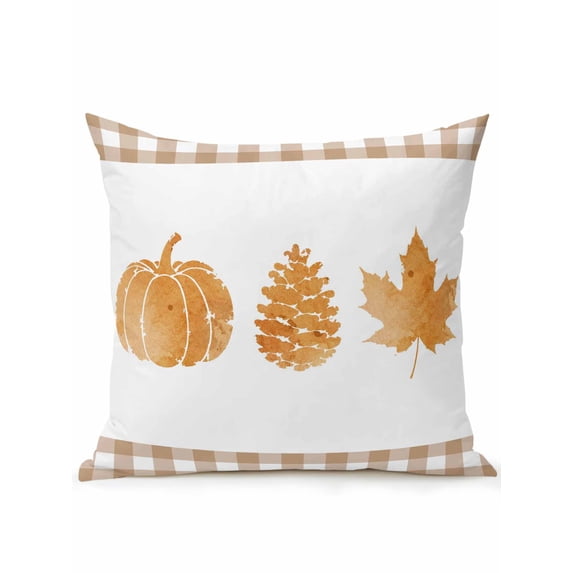 Outdoor Pillows Waterproof, Thanksgiving Bedding Throw Pillows with Insert for Couch Sofa Bed, Fall Orange Pumpkin Cones Maple Leaves Grid 18x18 Inch Pillowcases Decorative Patio Pillow Set of 1