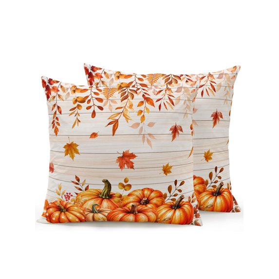 Outdoor Pillows Waterproof, Thanksgiving Bedding Throw Pillows with Insert for Couch Sofa Bed, Fall Orange Pumpkin Maple Leaves Wood Plank 16x16 Inch Pillowcases Decorative Patio Pillow Set of 2