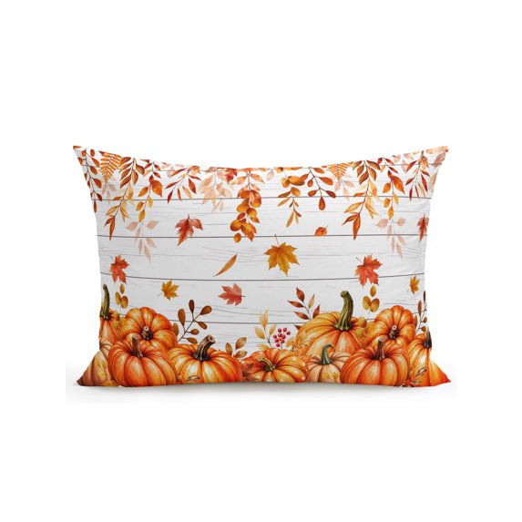 Outdoor Pillows Waterproof, Thanksgiving Bedding Throw Pillows with Insert for Couch Sofa Bed, Fall Pumpkin Eucalyptus Maple Leaf Wooden 12x20 Inch Pillowcases Decorative Patio Pillow Set of 1