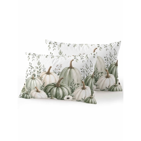Outdoor Pillows Waterproof, Thanksgiving Fall Bedding Throw Pillows with Insert for Couch Sofa Bed, Autumn Green Pumpkins Country Eucalyptus 12x20 Inch Pillowcases Decorative Patio Pillow Set of 2