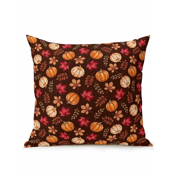 Outdoor Pillows Waterproof, Thanksgiving Fall Bedding Throw Pillows with Insert for Couch Sofa Bed, Orange Pumpkin Maple Leaf Botanical Brown 18x18 Inch Pillowcases Decorative Patio Pillow Set of 1