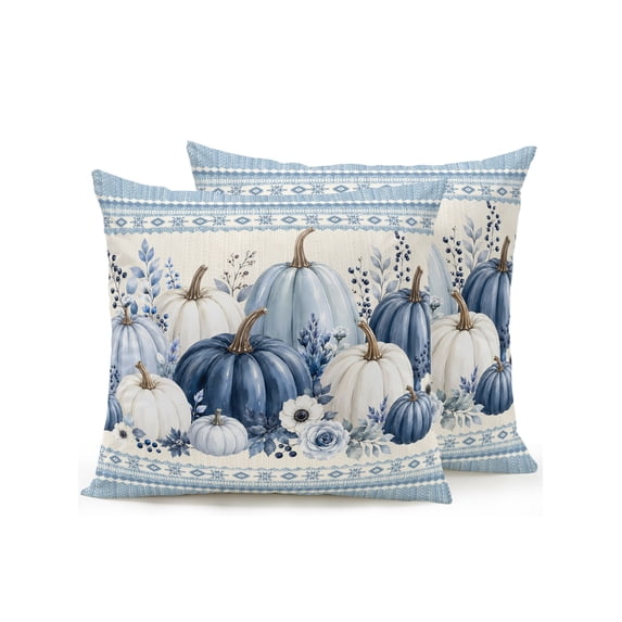 Outdoor Pillows Waterproof, Thanksgiving Pumpkins Bedding Throw Pillows with Insert for Couch Sofa Bed, Blue Fall Eucalyptus Autumn Rustic Flowers 16x16 Inch Pillowcases Patio Pillow Set of 2