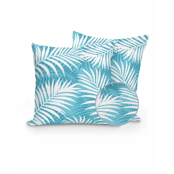 Outdoor Pillows Waterproof, Turquoise Palm Leaf Throw Pillows with Inserts Included, Summer Coastal Botanical Tropical Indoor Outdoor Decorative Lumbar Pillow for Bed/Couch/Patio 16"x16", 2Pcs
